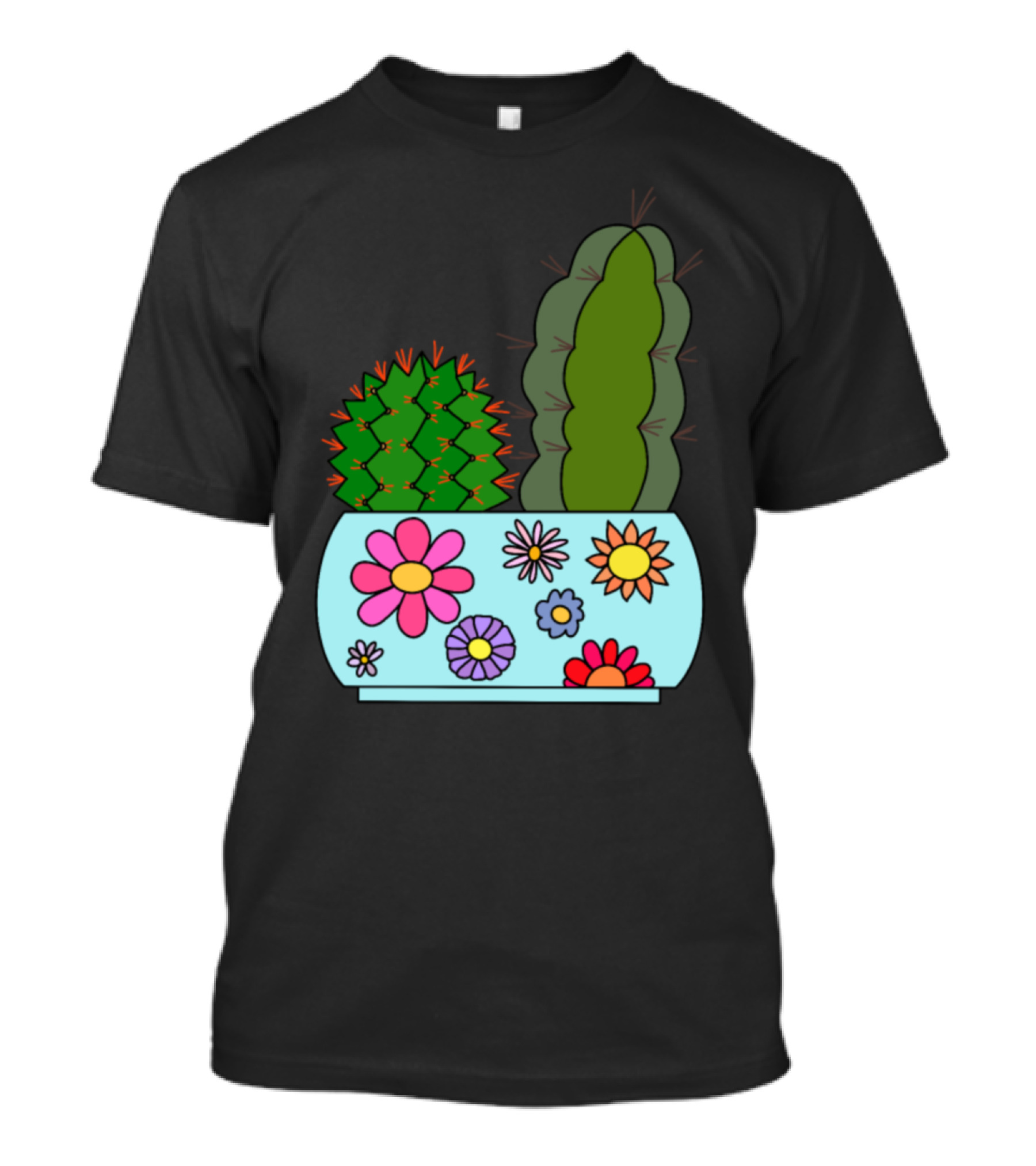Cacti In Floral Patterned Pot With Colorful Flowers T-Shirt