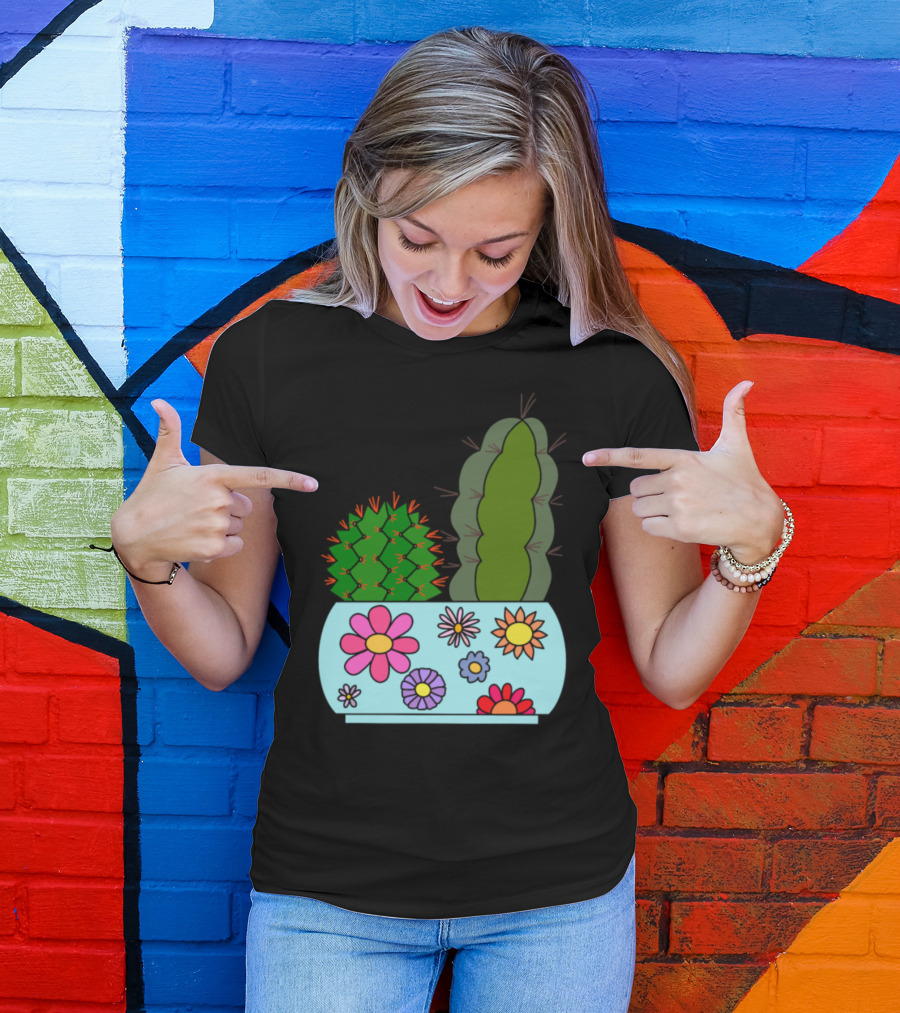 Cacti In Floral Patterned Pot With Colorful Flowers T-Shirt