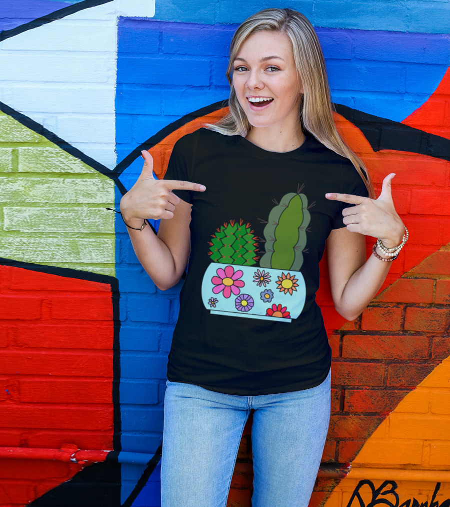 Cacti In Floral Patterned Pot With Colorful Flowers T-Shirt