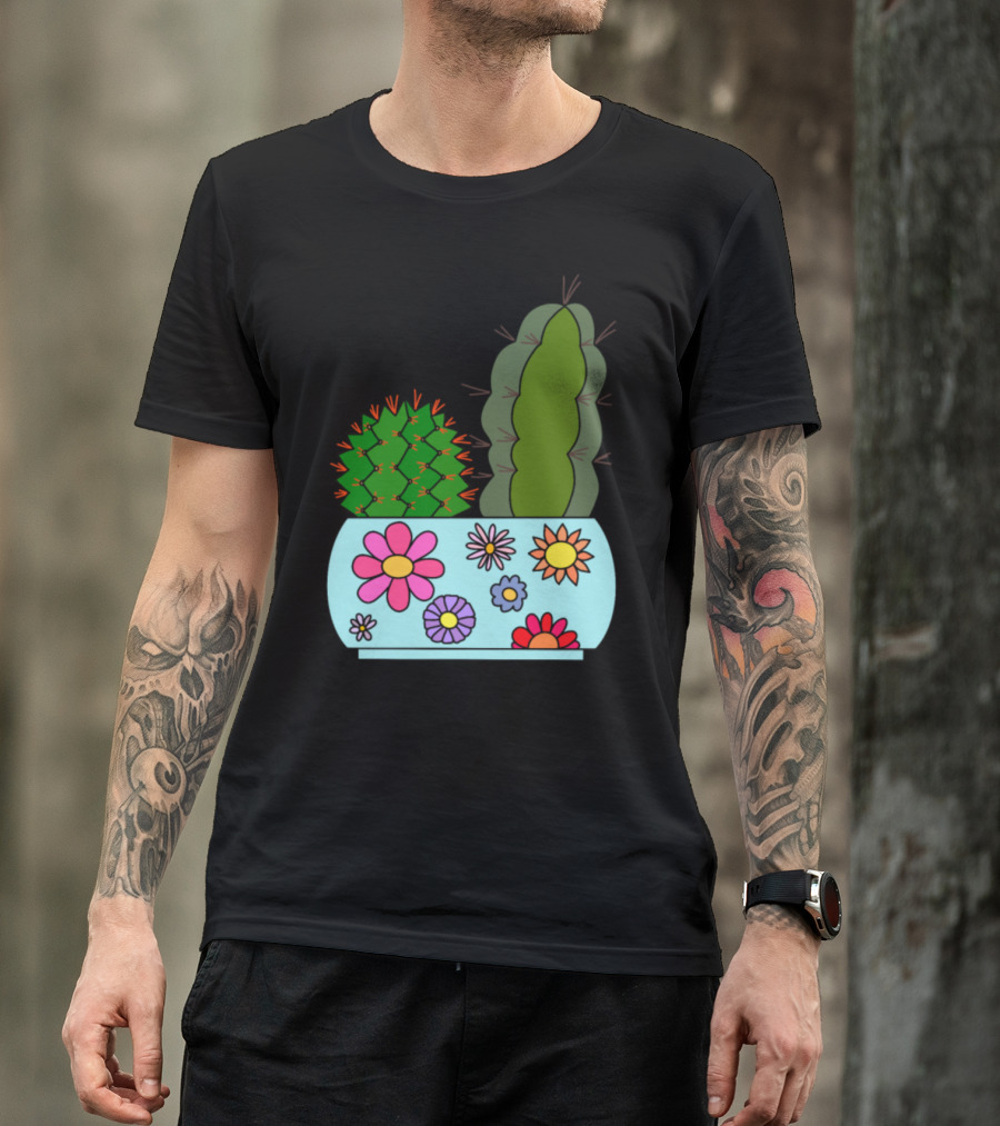 Cacti In Floral Patterned Pot With Colorful Flowers T-Shirt