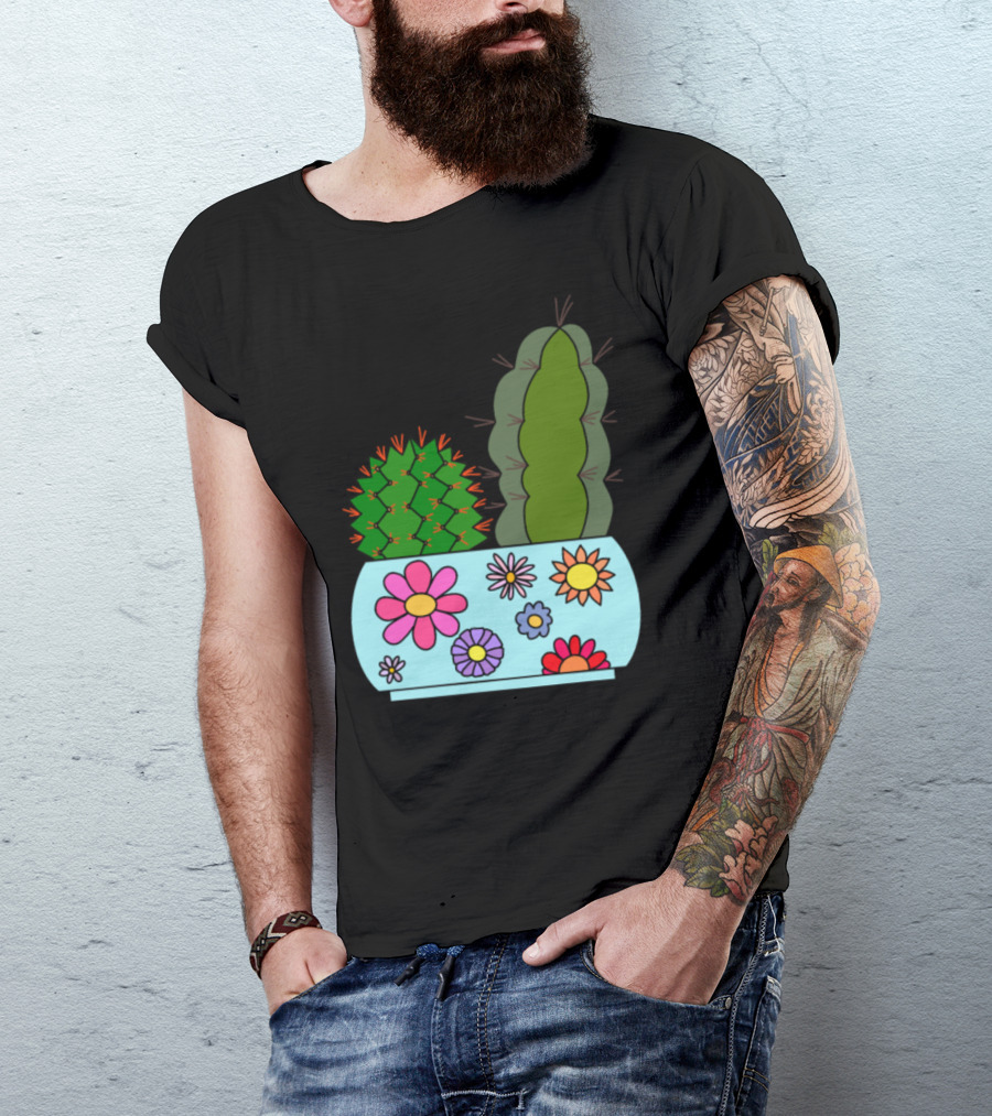 Cacti In Floral Patterned Pot With Colorful Flowers T-Shirt