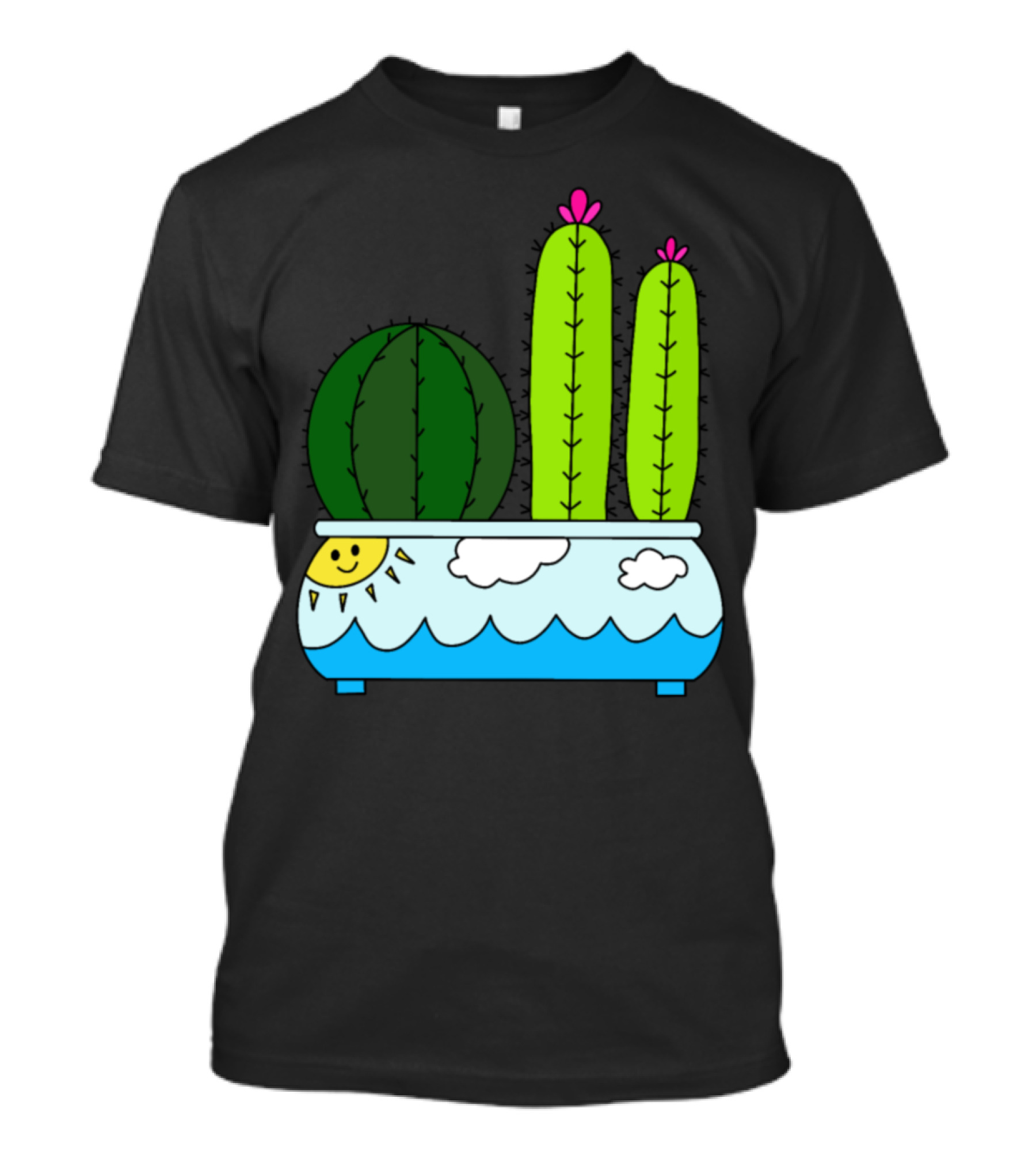 Cacti In Sun Wave Pattern Pot With Clouds And Smiling Sun T-Shirt