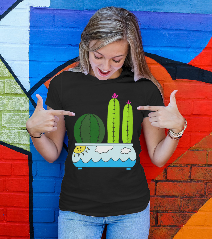 Cacti In Sun Wave Pattern Pot With Clouds And Smiling Sun T-Shirt