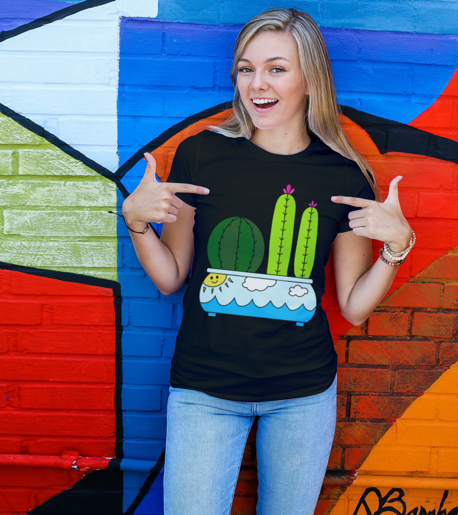 Cacti In Sun Wave Pattern Pot With Clouds And Smiling Sun T-Shirt