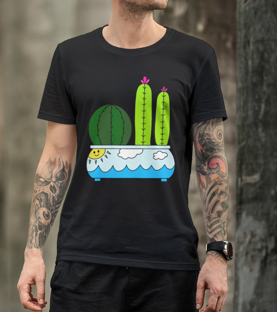 Cacti In Sun Wave Pattern Pot With Clouds And Smiling Sun T-Shirt
