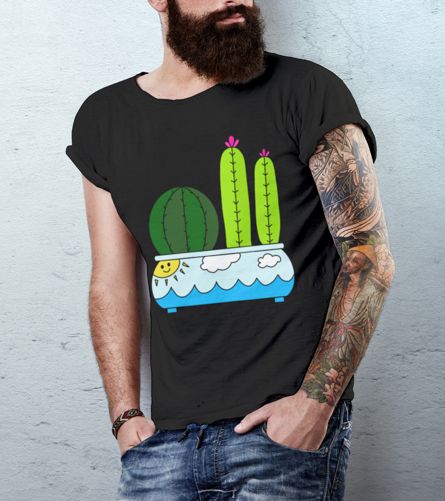 Cacti In Sun Wave Pattern Pot With Clouds And Smiling Sun T-Shirt