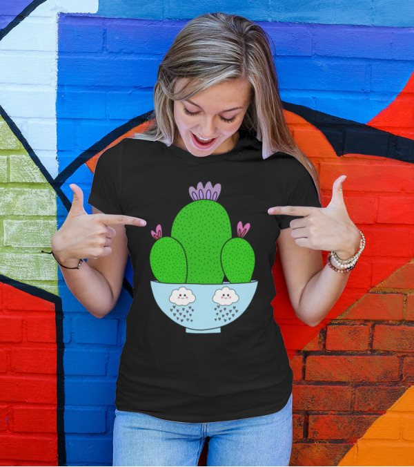 Cacti Bunch In Adorable Bowl With Smiling Rain Clouds T-Shirt