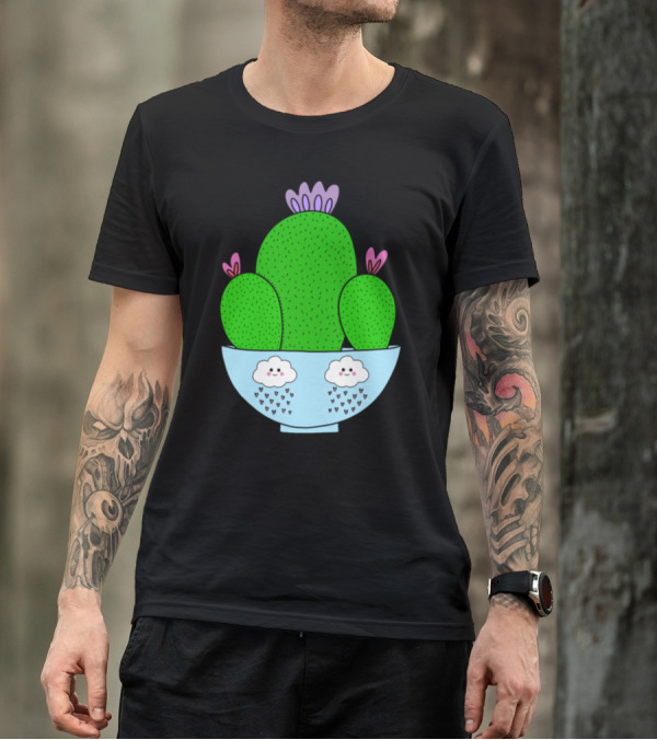 Cacti Bunch In Adorable Bowl With Smiling Rain Clouds T-Shirt