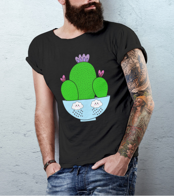 Cacti Bunch In Adorable Bowl With Smiling Rain Clouds T-Shirt