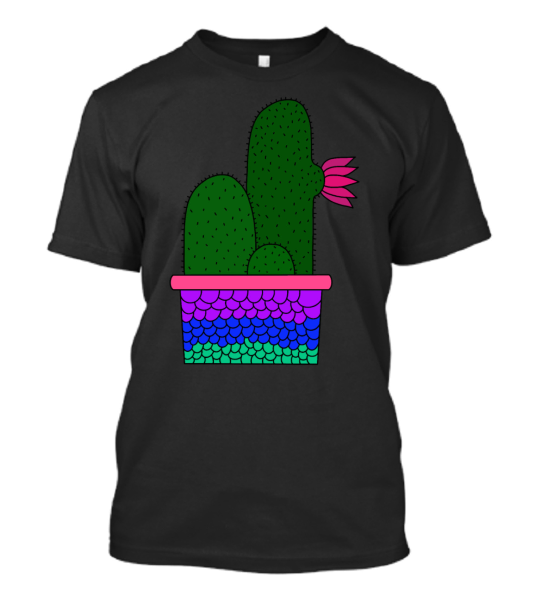 Cacti Cluster In Vibrant Mermaid Scale Planter With Pink Flower Bloom T-Shirt