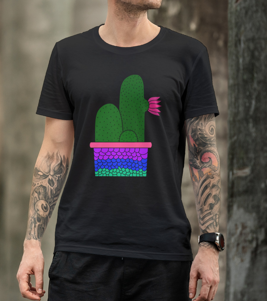 Cacti Cluster In Vibrant Mermaid Scale Planter With Pink Flower Bloom T-Shirt