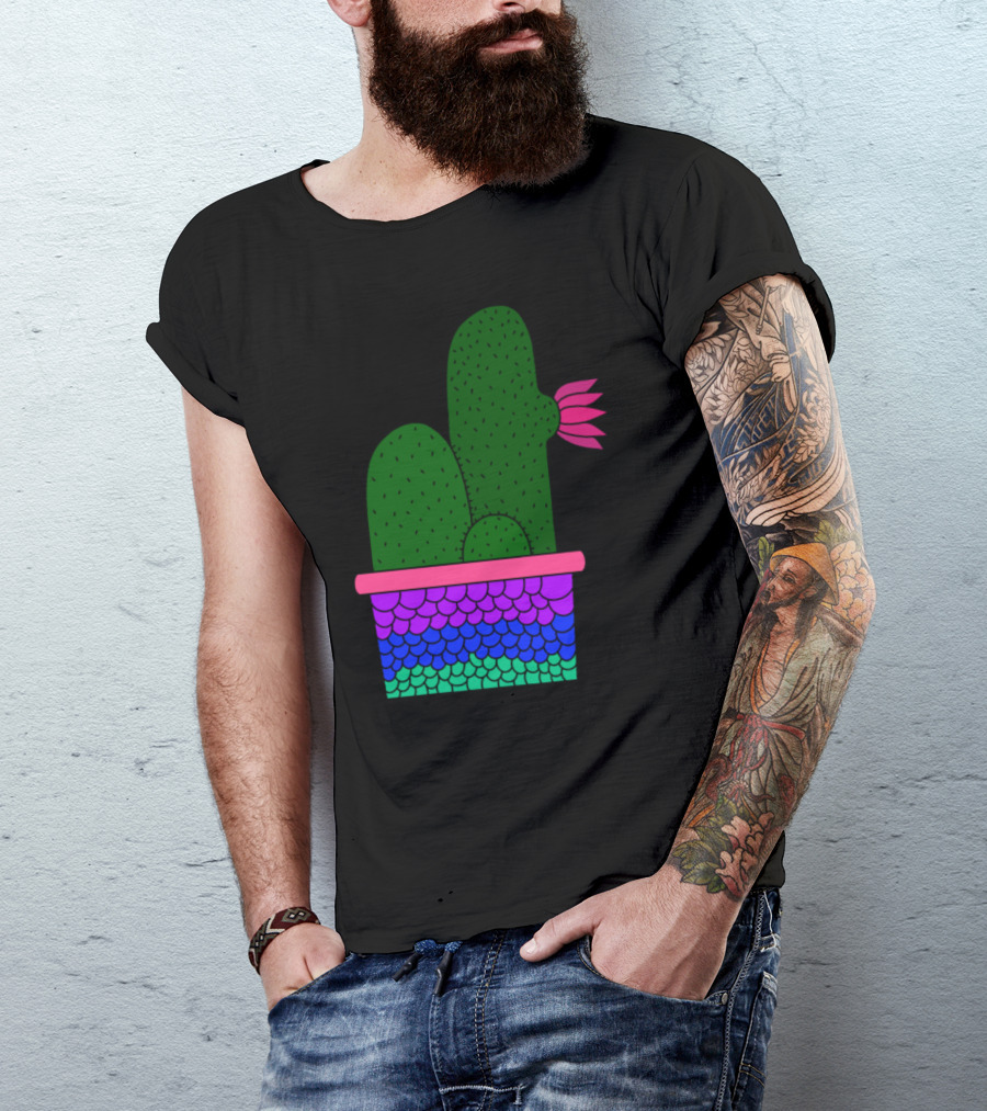 Cacti Cluster In Vibrant Mermaid Scale Planter With Pink Flower Bloom T-Shirt