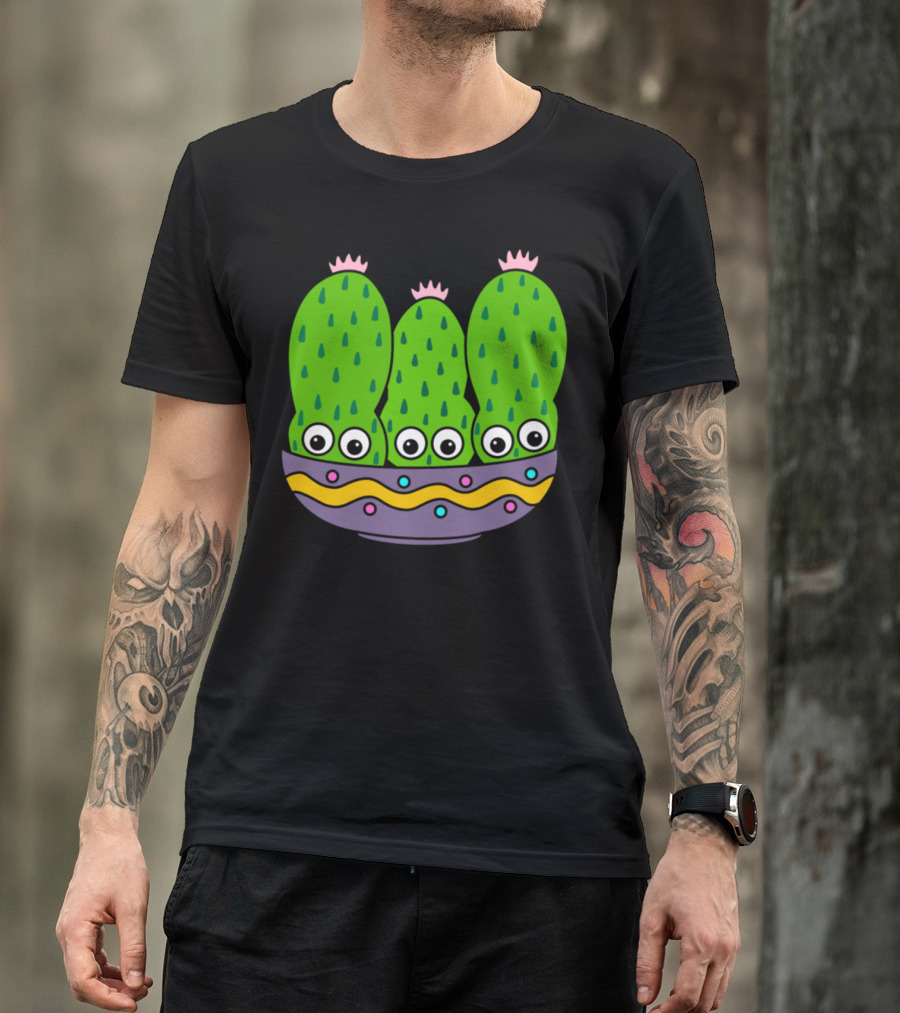 Cacti Bunch In Pretty Bowl With Eyes And Colorful T-Shirt