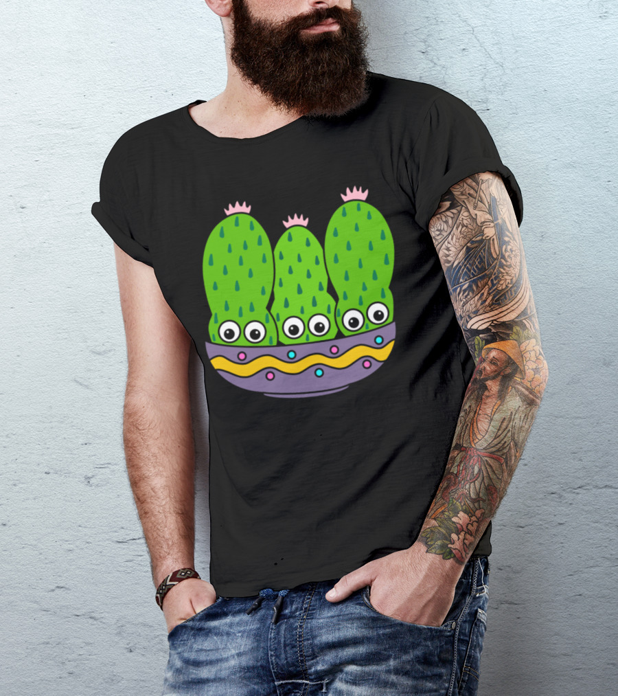 Cacti Bunch In Pretty Bowl With Eyes And Colorful T-Shirt