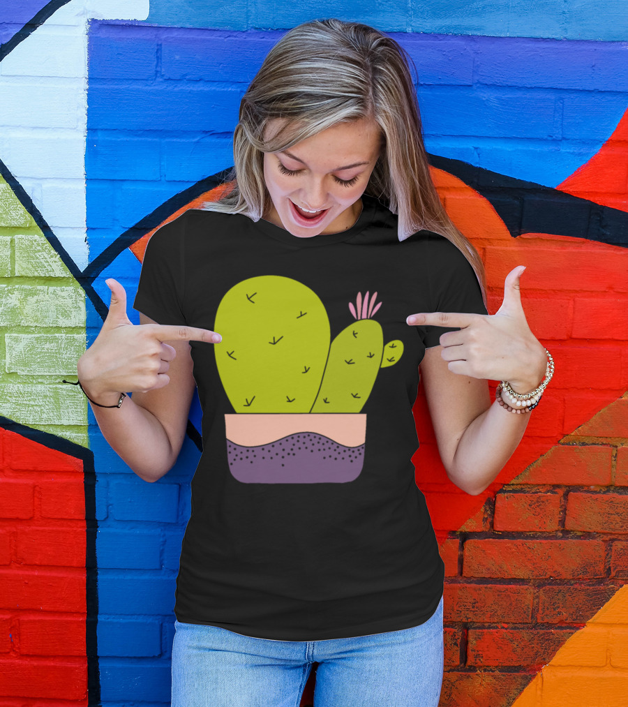 Cacti Bunch With Pink Flower In Colorful Pot T-Shirt