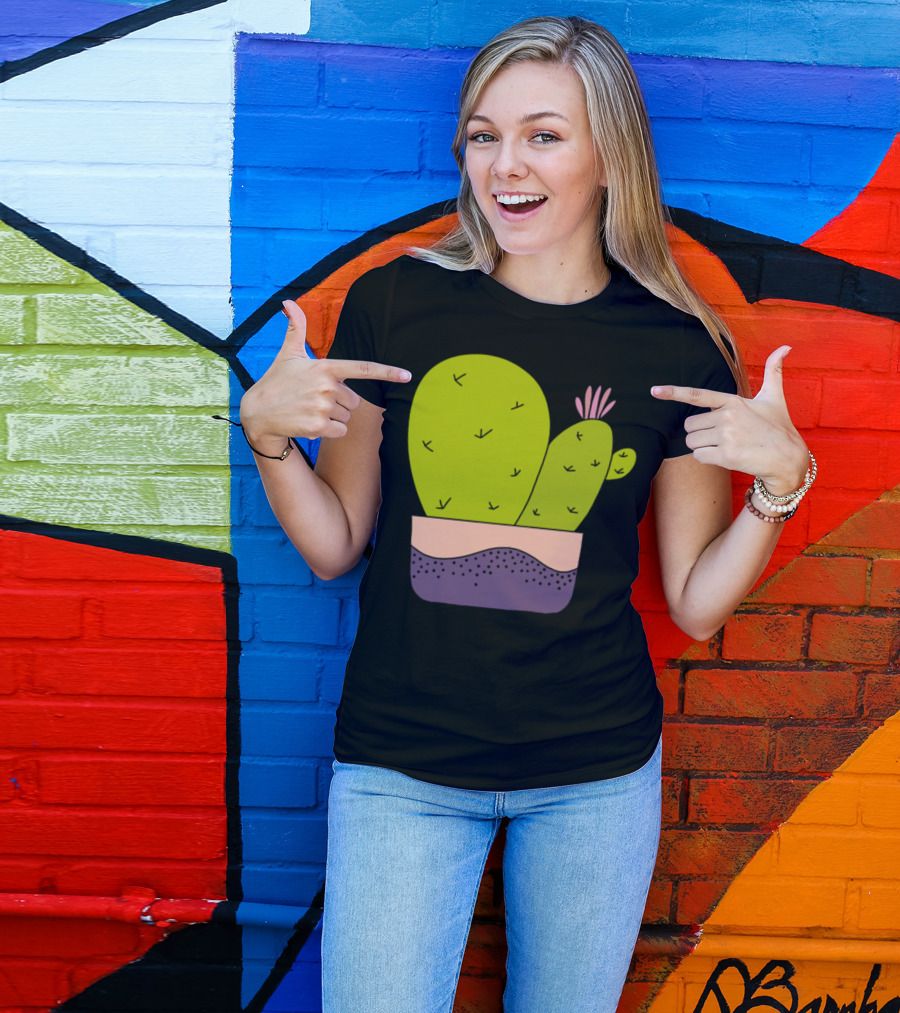 Cacti Bunch With Pink Flower In Colorful Pot T-Shirt
