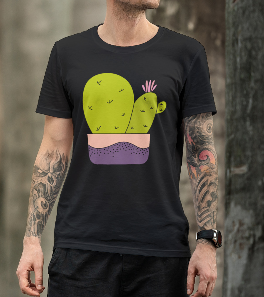 Cacti Bunch With Pink Flower In Colorful Pot T-Shirt