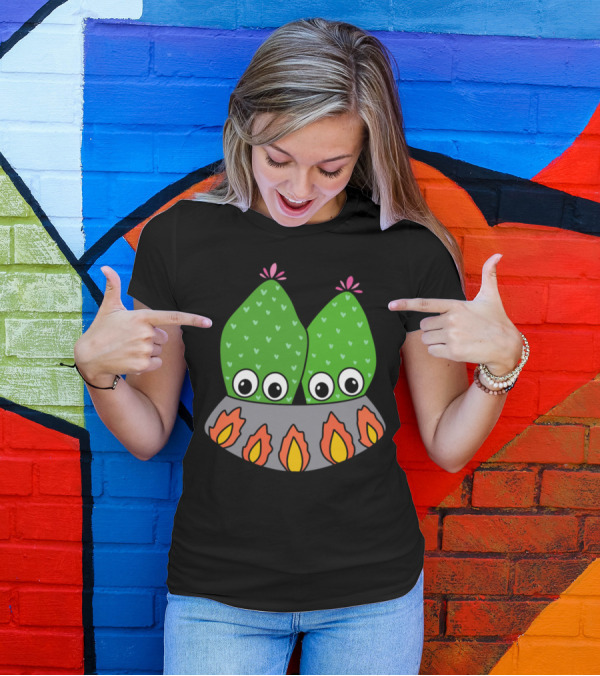 Cacti Couple In A Nice Pot With Colorful Flames T-Shirt