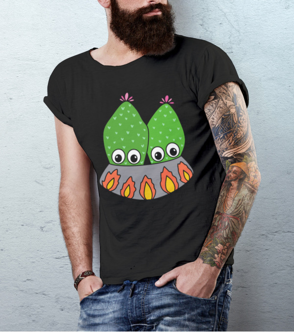 Cacti Couple In A Nice Pot With Colorful Flames T-Shirt
