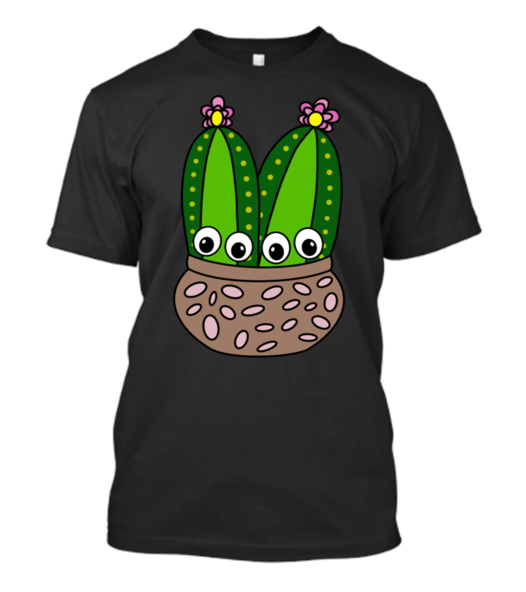 Cacti Couple With Googly Eyes In Colorful Pottery Pot With Flowers T-Shirt
