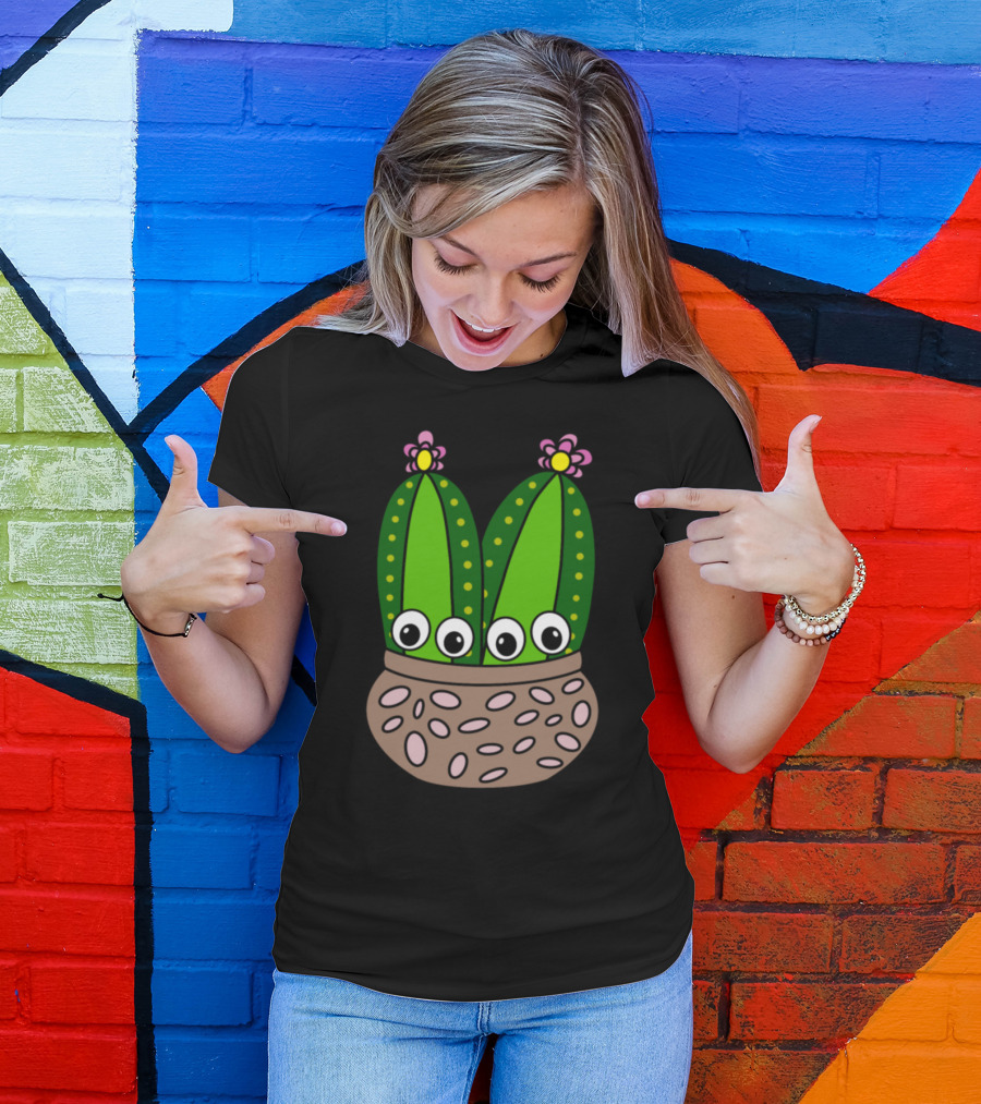 Cacti Couple With Googly Eyes In Colorful Pottery Pot With Flowers T-Shirt