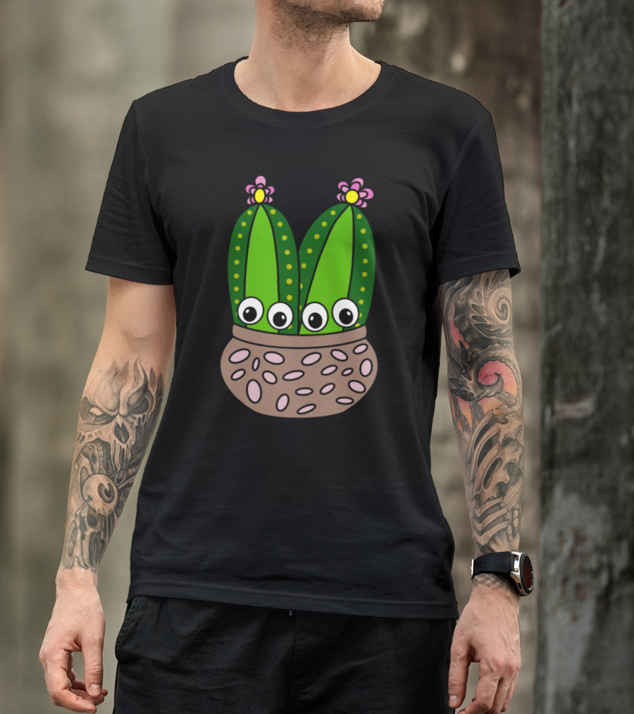 Cacti Couple With Googly Eyes In Colorful Pottery Pot With Flowers T-Shirt