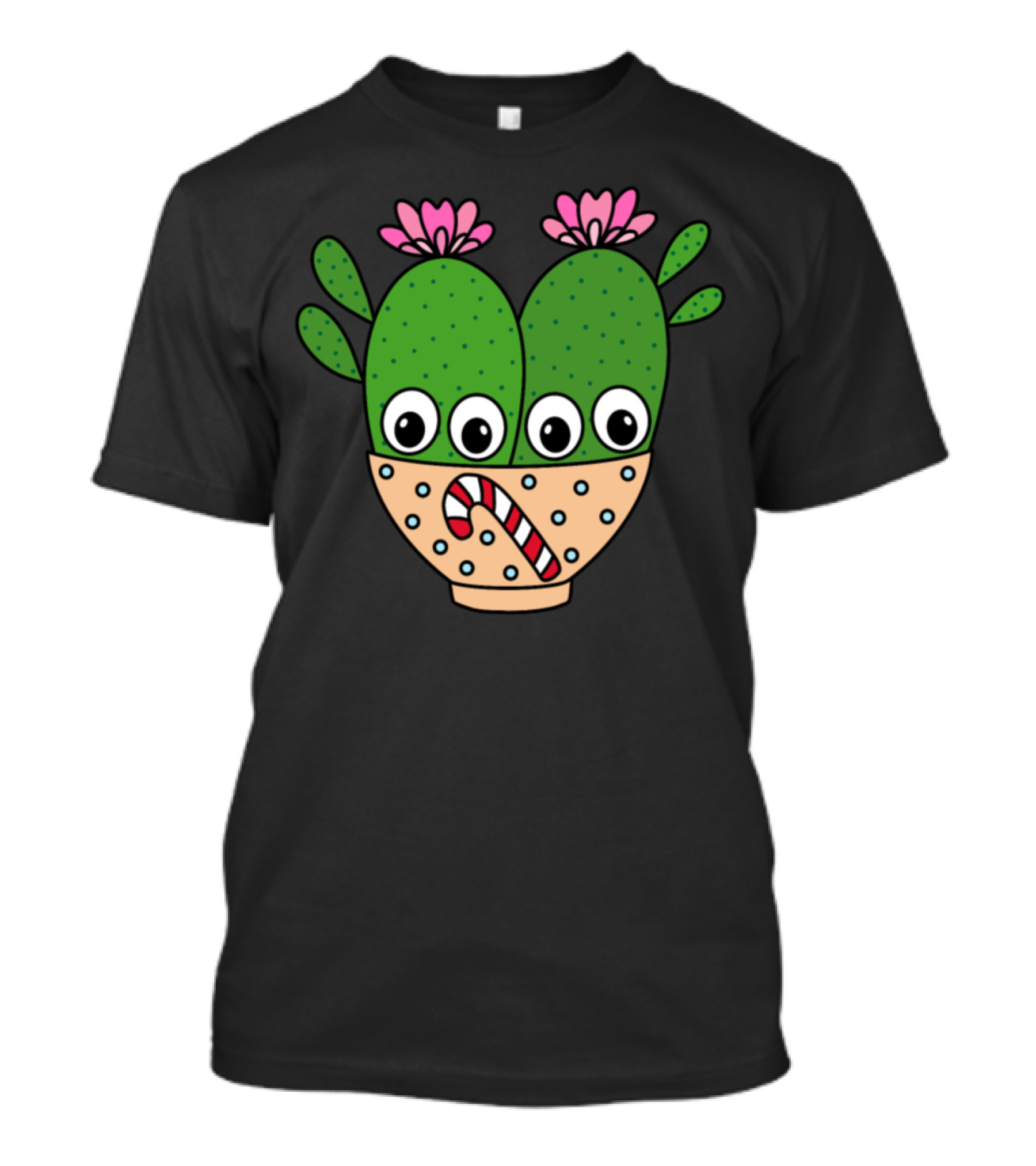 Cacti Couple In Candy Cane Polka Dot Planter With Pink Blooms T-Shirt