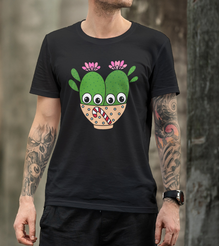 Cacti Couple In Candy Cane Polka Dot Planter With Pink Blooms T-Shirt