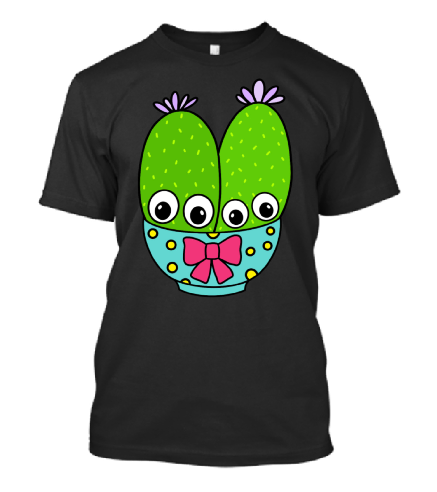 Cacti Couple With Eyeballs In Polka Dot Bow-Tied Bowl T-Shirt