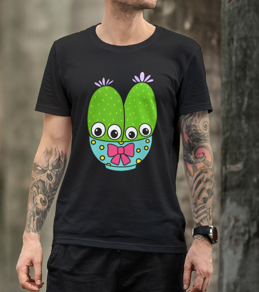 Cacti Couple With Eyeballs In Polka Dot Bow-Tied Bowl T-Shirt