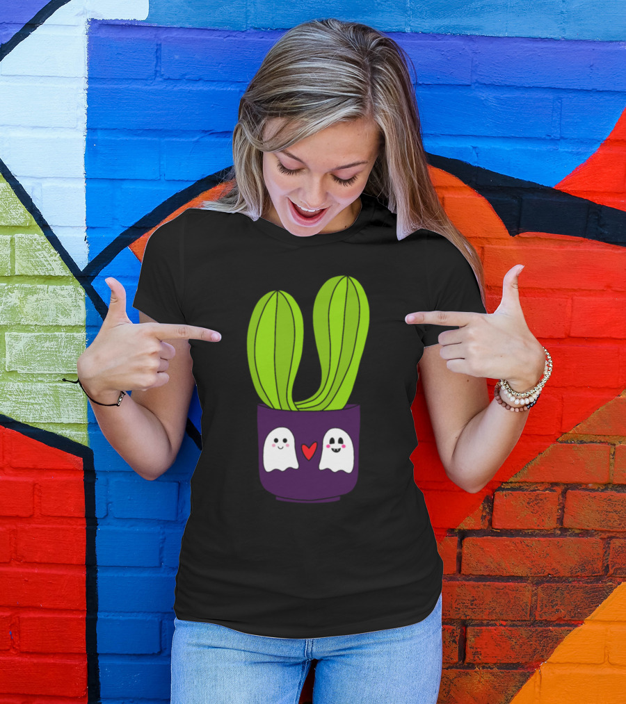 Cacti Couple Ghosts Halloween Pot With Heart T-Shirt