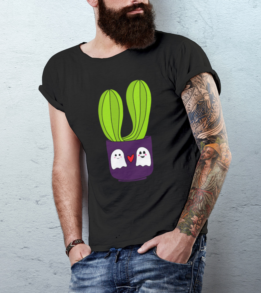 Cacti Couple Ghosts Halloween Pot With Heart T-Shirt