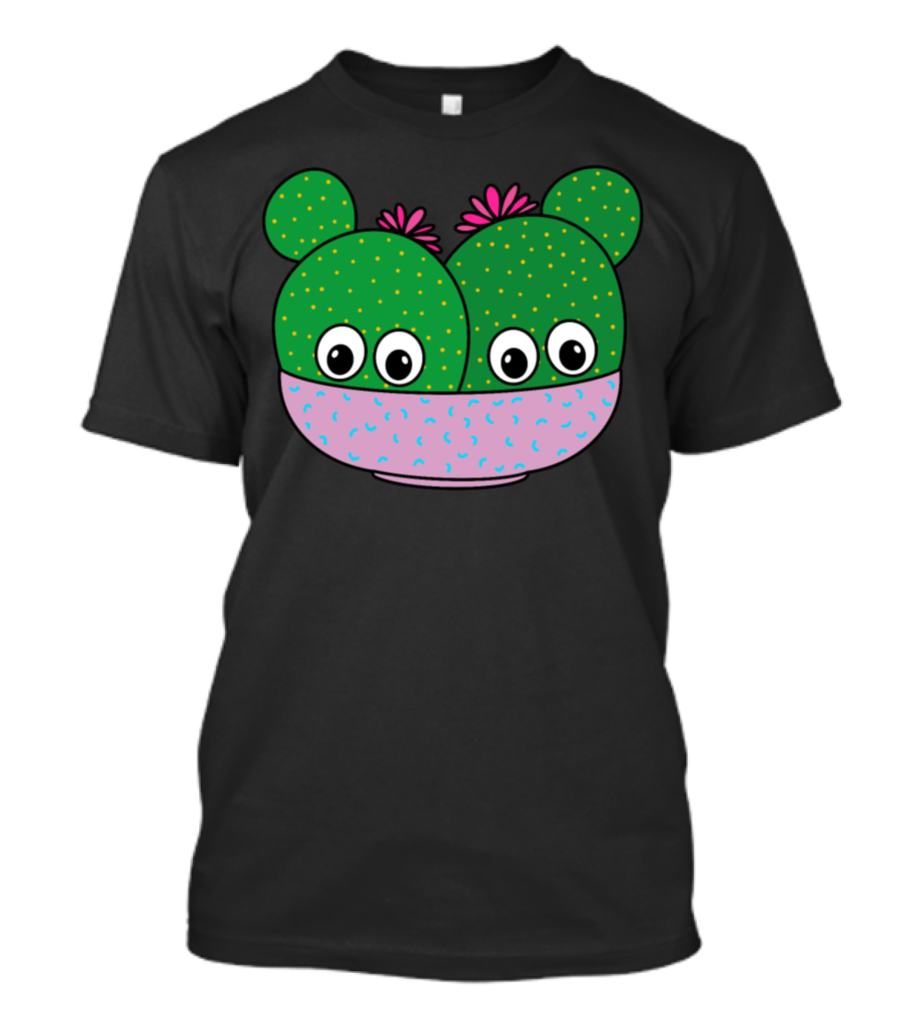 Cacti Couple With Cute Blooms In A Pot With Big Eyes And Pink Flower Tufts T-Shirt