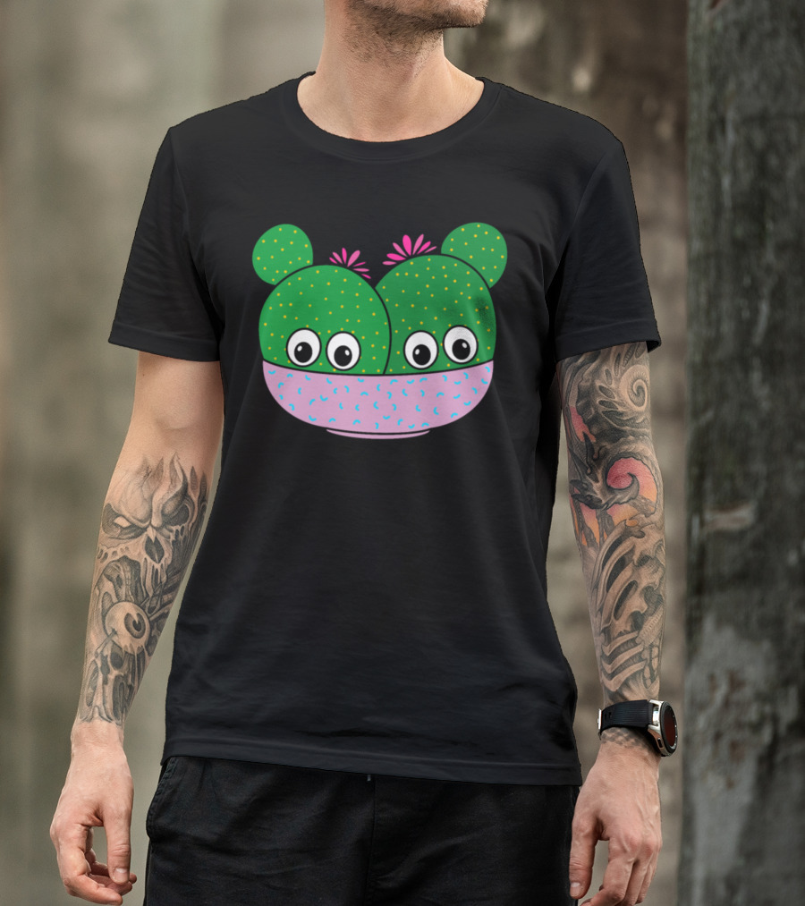 Cacti Couple With Cute Blooms In A Pot With Big Eyes And Pink Flower Tufts T-Shirt