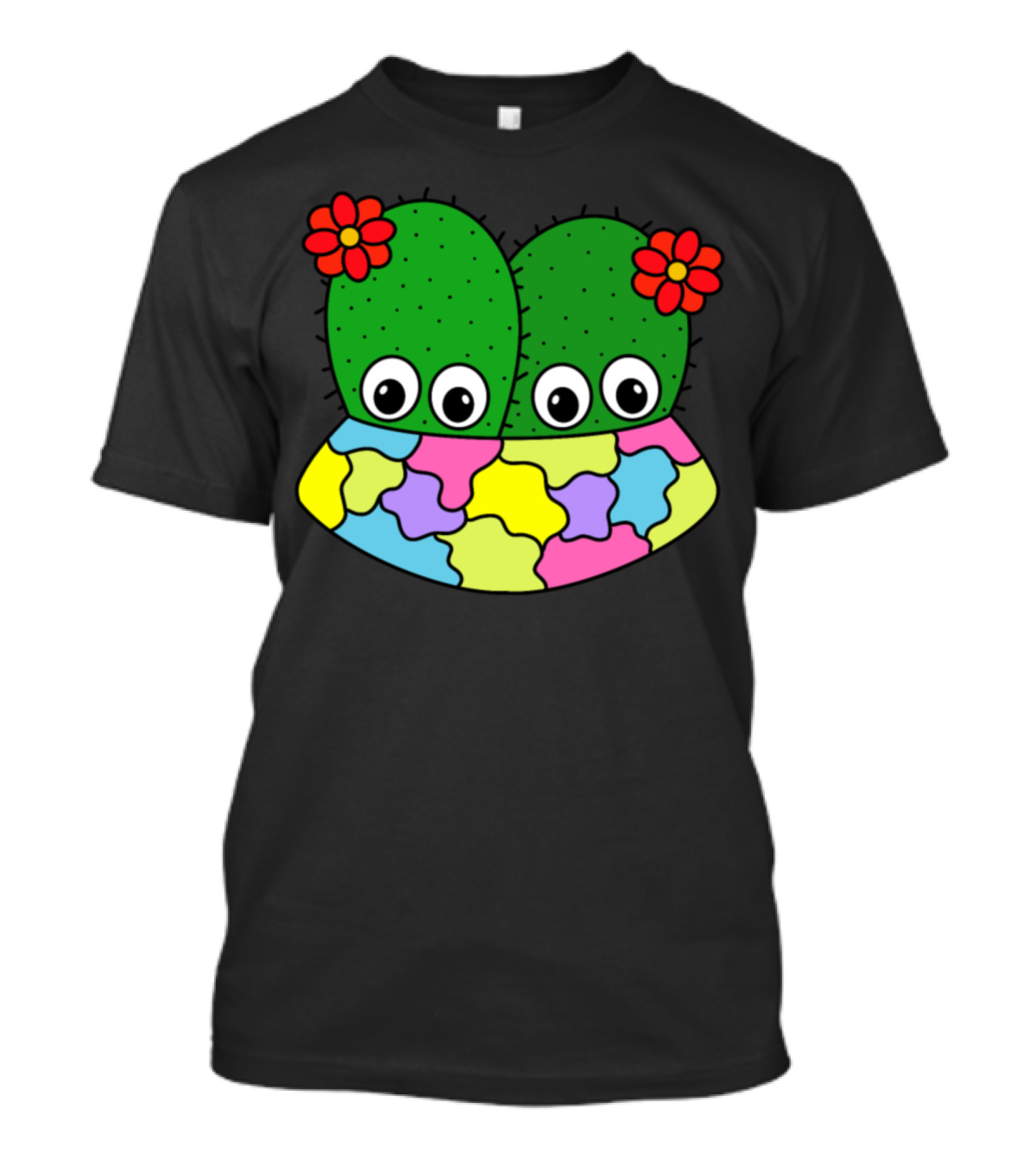 Cacti Couple With Flowers In Vibrant Patchwork Pot T-Shirt