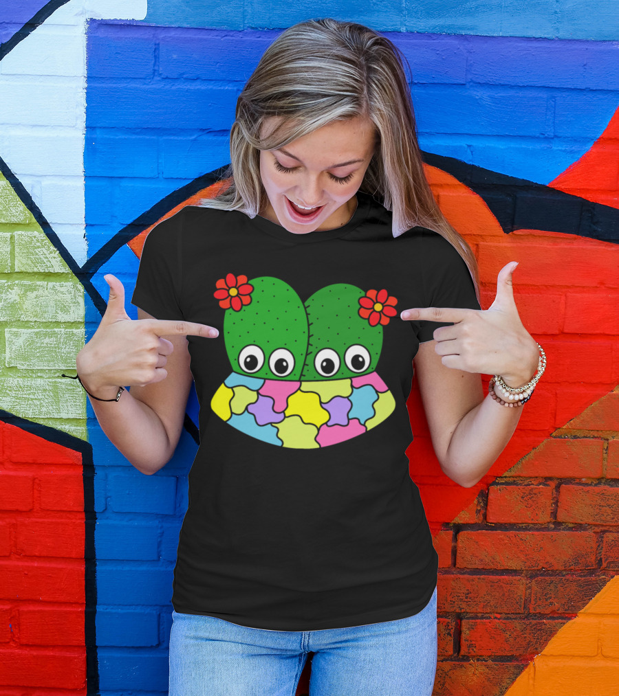 Cacti Couple With Flowers In Vibrant Patchwork Pot T-Shirt