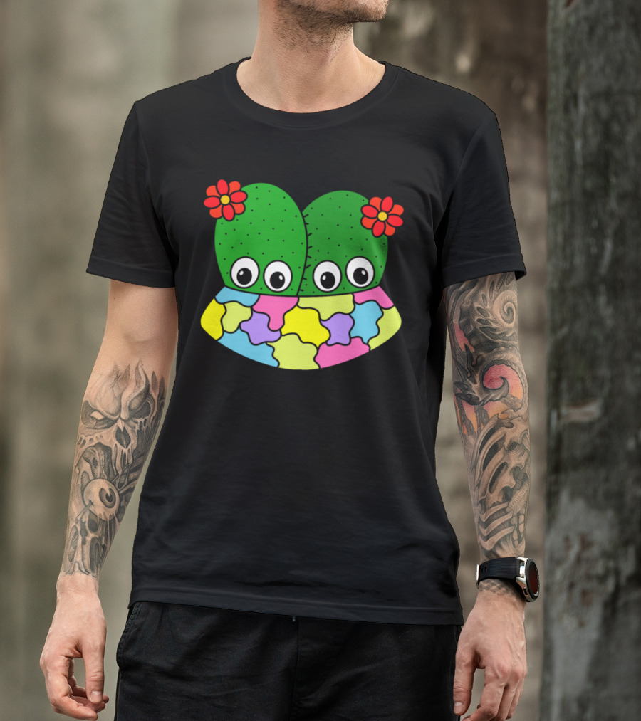 Cacti Couple With Flowers In Vibrant Patchwork Pot T-Shirt