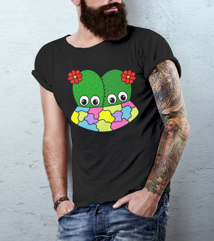 Cacti Couple With Flowers In Vibrant Patchwork Pot T-Shirt