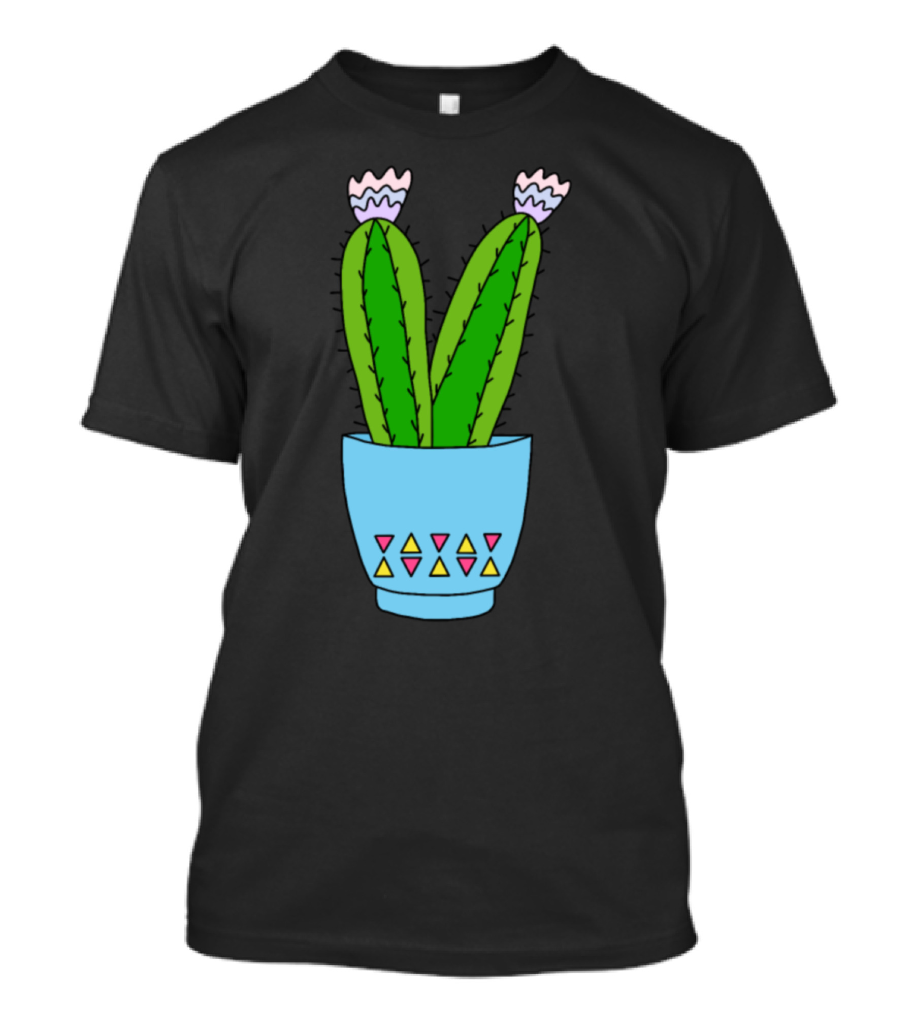 Cacti In Blue Pot With Geometric Patterns And Pink Flowers T-Shirt