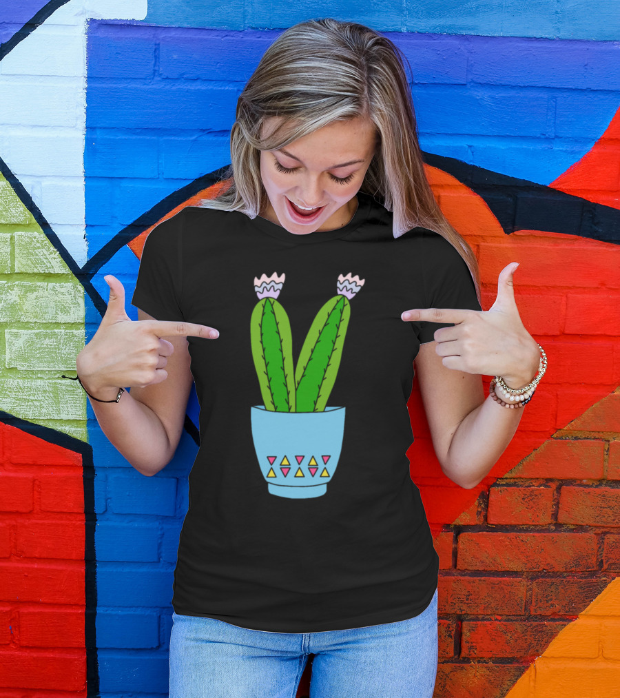 Cacti In Blue Pot With Geometric Patterns And Pink Flowers T-Shirt