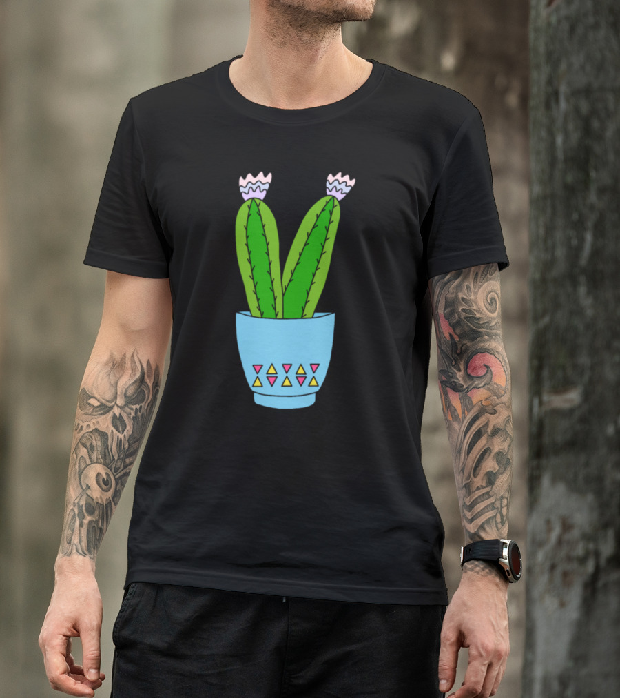 Cacti In Blue Pot With Geometric Patterns And Pink Flowers T-Shirt
