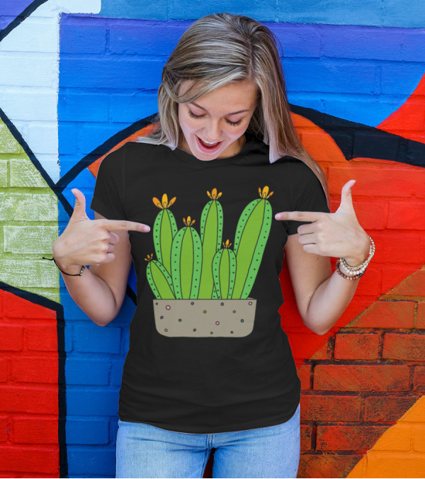Cacti Group With Yelloworange Blooms In Speckled Pot T-Shirt