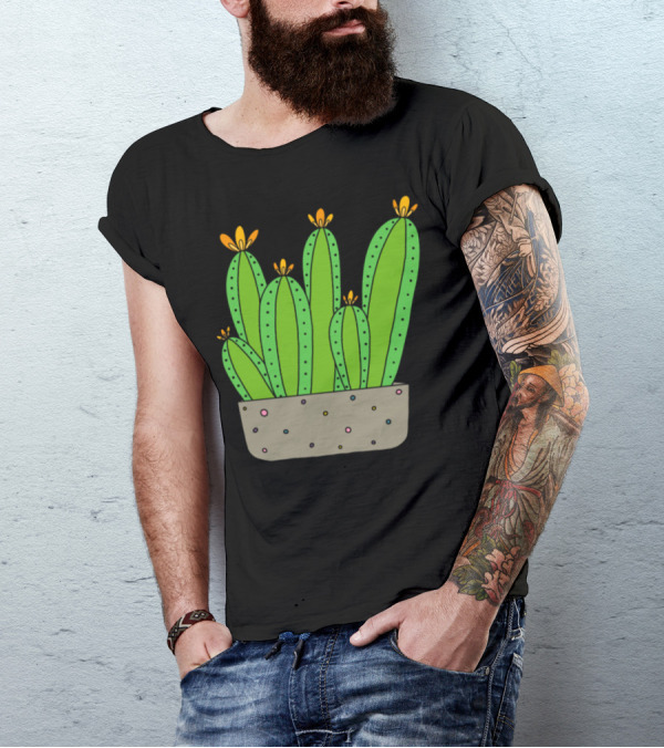 Cacti Group With Yelloworange Blooms In Speckled Pot T-Shirt