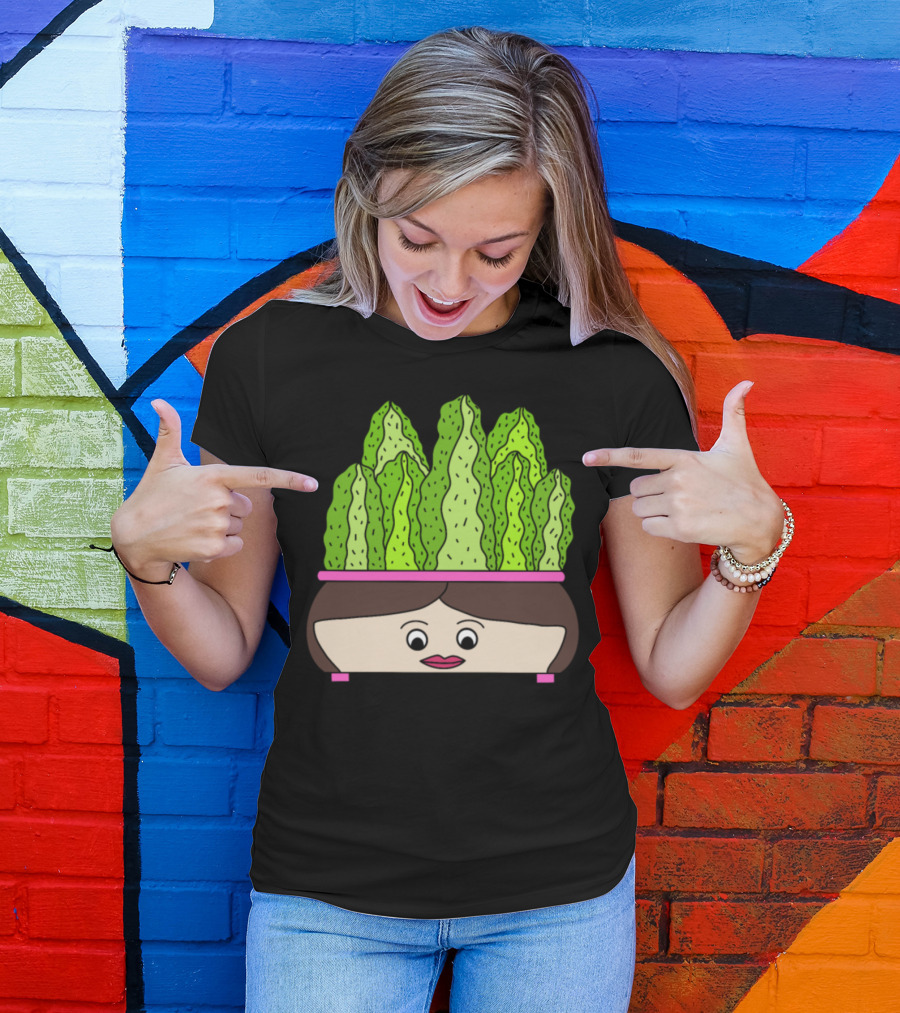 Cacti Growing Out Of A Cute Face Pot With Green Leaves In Cartoon T-Shirt