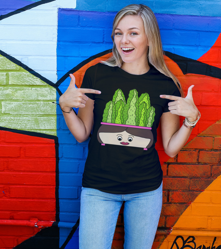 Cacti Growing Out Of A Cute Face Pot With Green Leaves In Cartoon T-Shirt