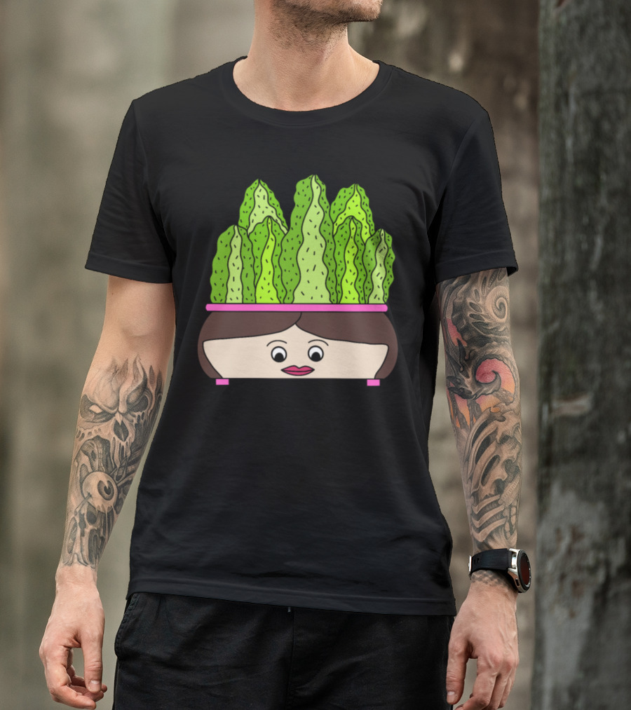 Cacti Growing Out Of A Cute Face Pot With Green Leaves In Cartoon T-Shirt
