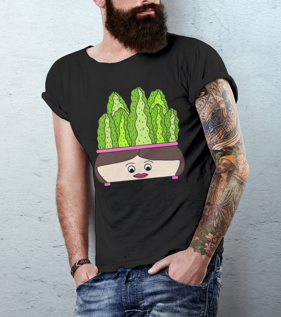 Cacti Growing Out Of A Cute Face Pot With Green Leaves In Cartoon T-Shirt