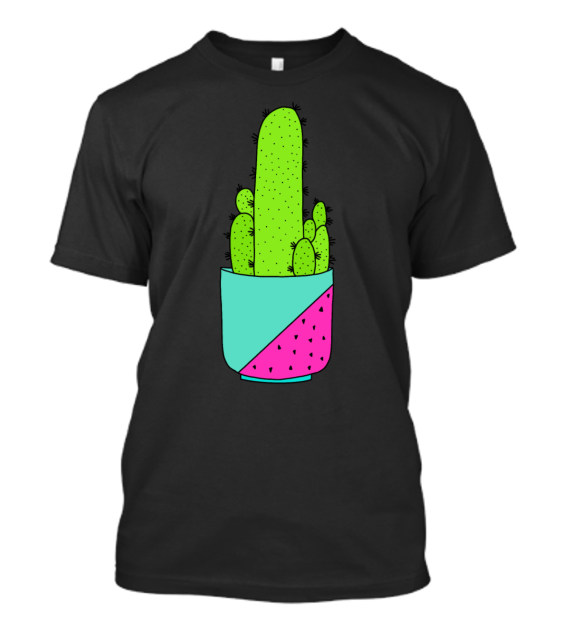Cacti In A Nice Pot Neon Green Cactus Blue Pink Geometric Pot T-Shirt