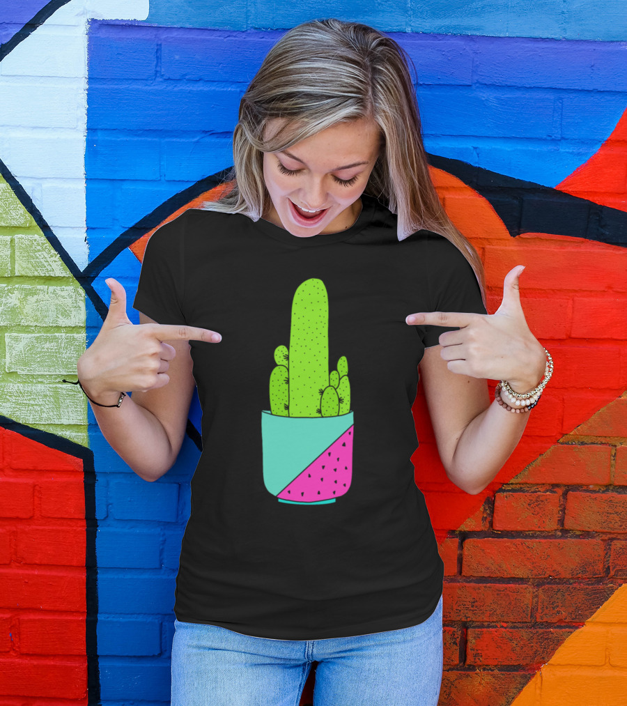 Cacti In A Nice Pot Neon Green Cactus Blue Pink Geometric Pot T-Shirt
