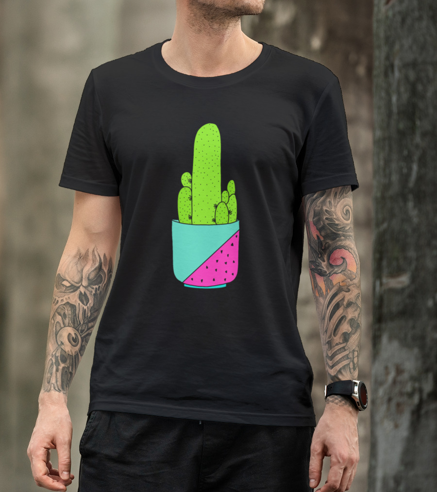 Cacti In A Nice Pot Neon Green Cactus Blue Pink Geometric Pot T-Shirt